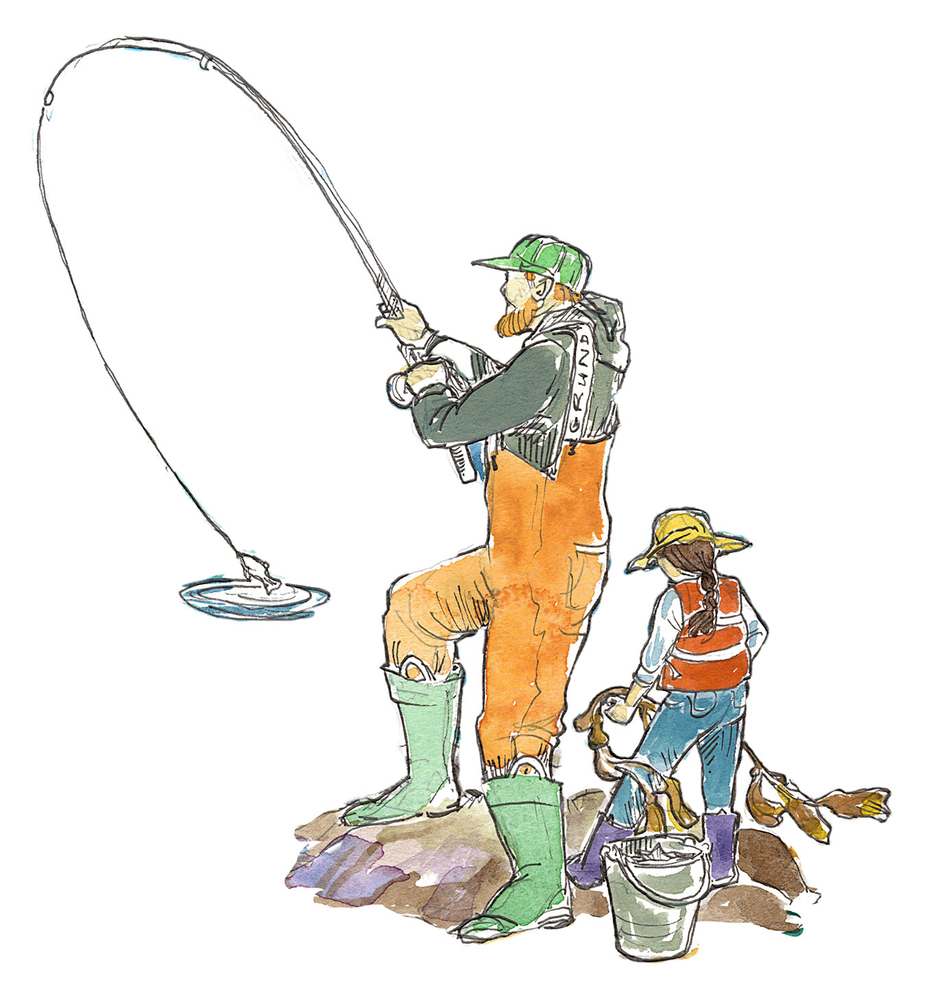 illustration showing person fishing with child collecting seaweed